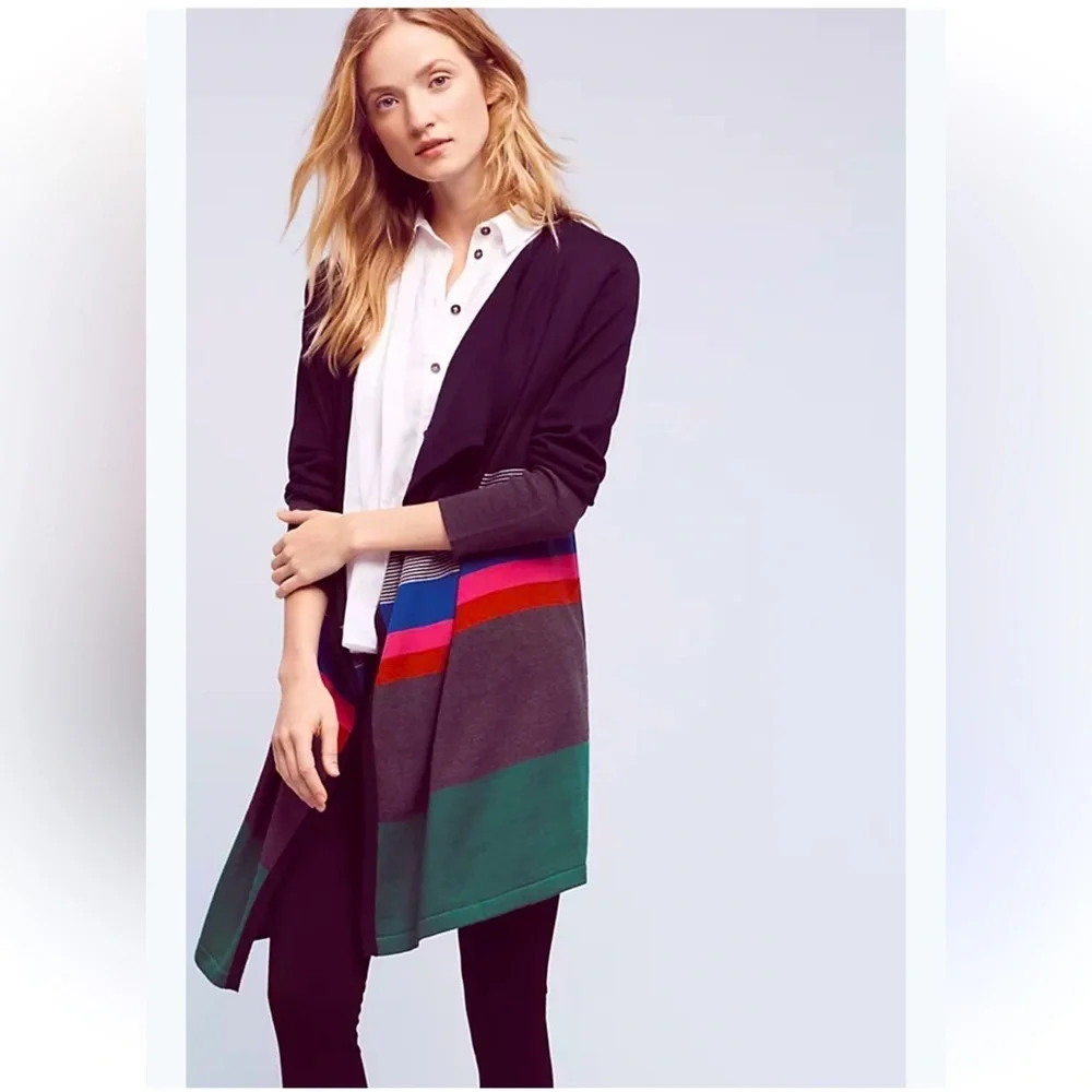 Anthropologie Black and Green Open Front Cardigan Sweater June